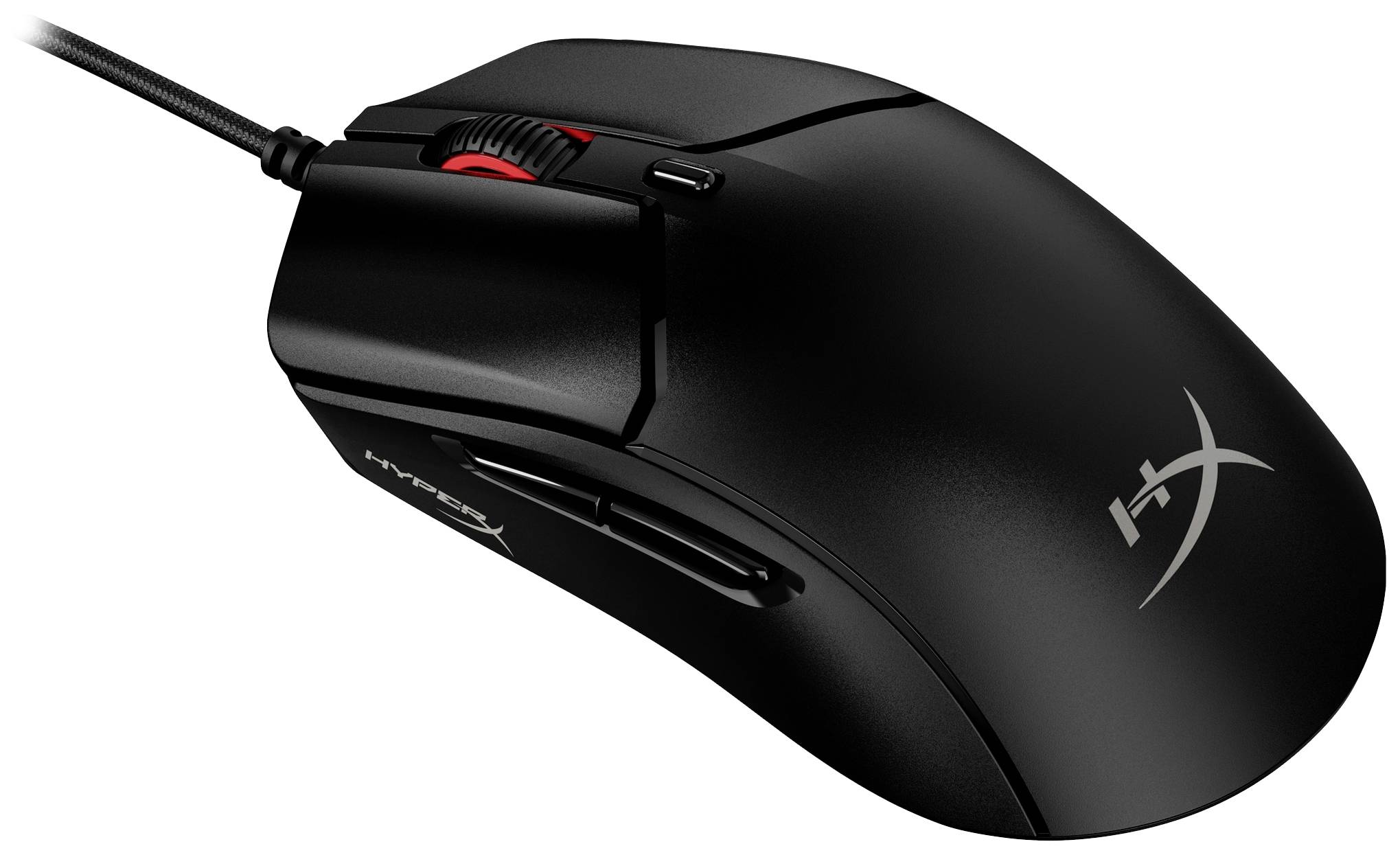 Mouse nera per computer con cavo, design dinamico con tasti laterali e rotella di scorrimento rossa. Logo 'HX' in argento sulla parte superiore.