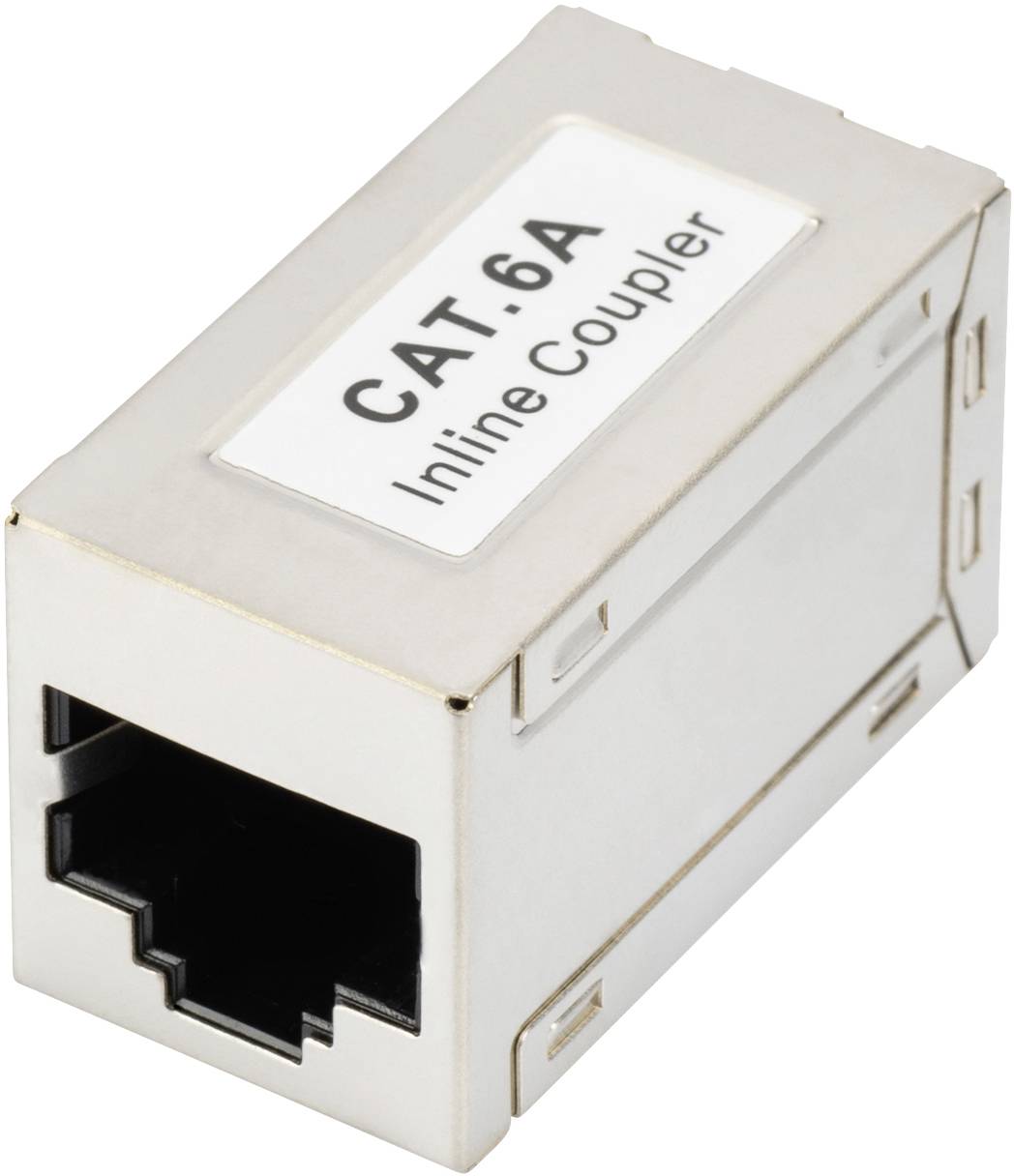 Un accoppiatore inline CAT.6A con connettori RJ45 su entrambe le estremità per connessioni Ethernet, con involucro argentato.