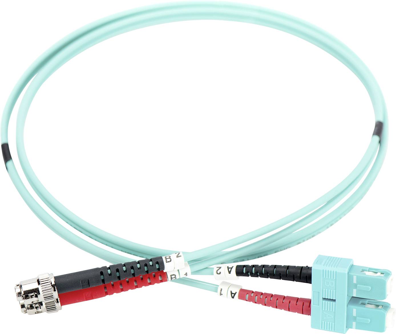 Un cavo in fibra ottica color turchese con connettori ST e LC, ciascuno contrassegnato con le etichette '1' e '2', su sfondo bianco.