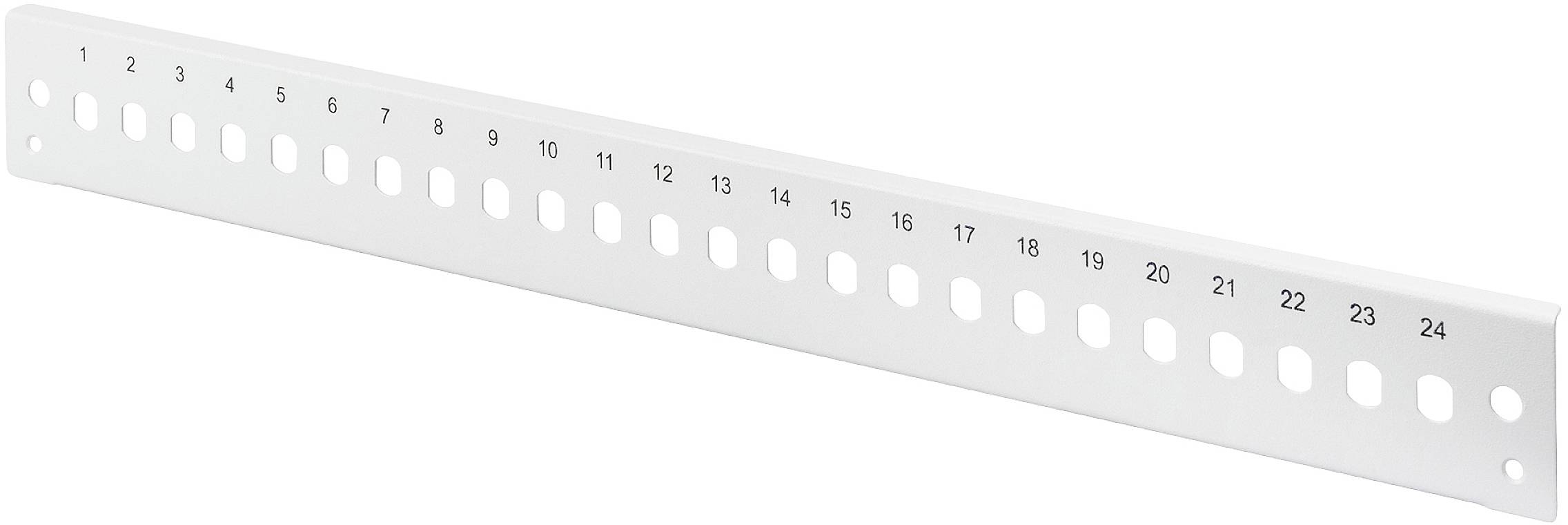 Componente bianca e allungata con 24 rientranze numerate rettangolari, presumibilmente per l'organizzazione dei cavi in un armadio IT o di rete.