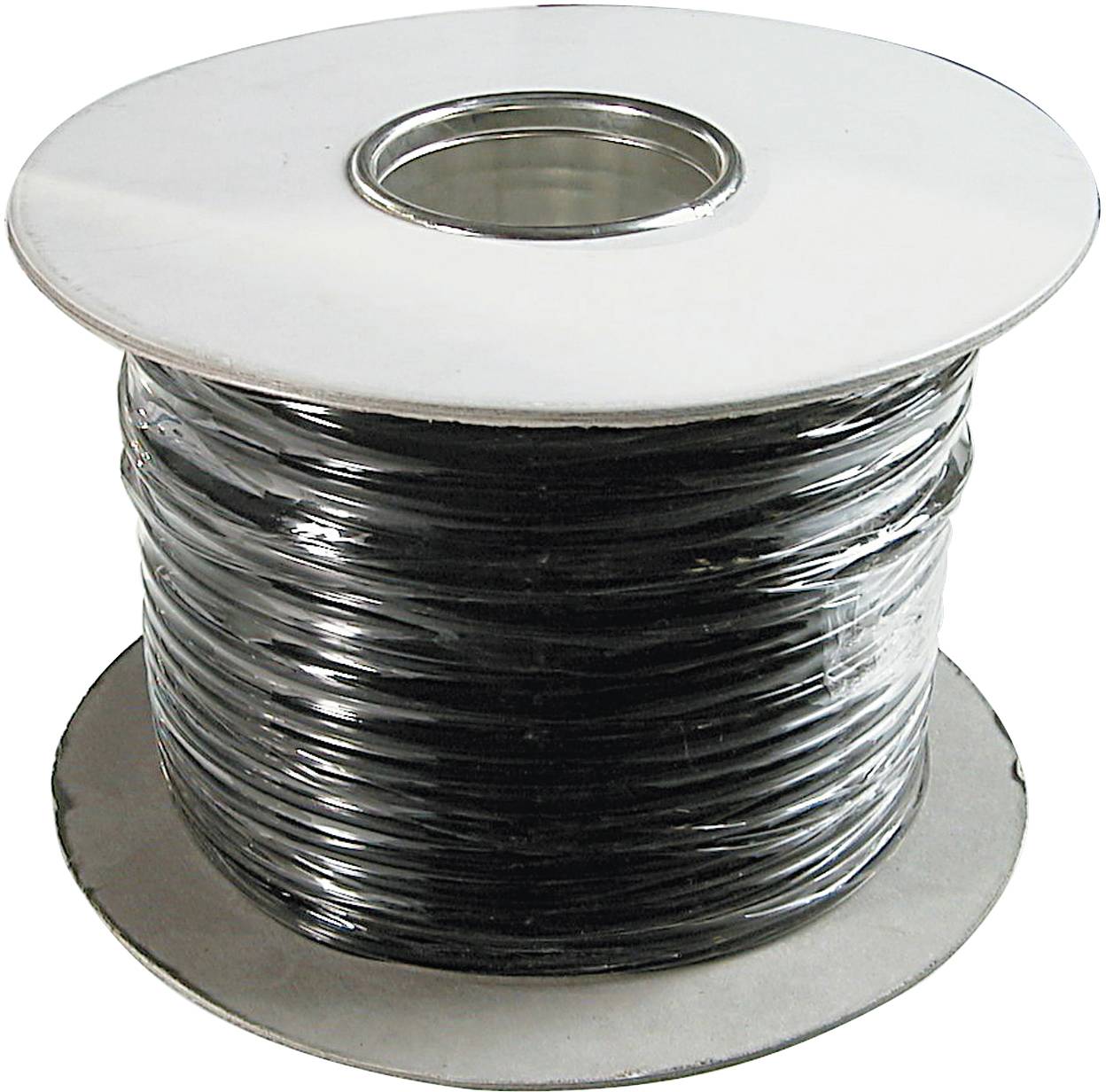 Rotolo di cavo nero con nucleo interno metallico, avvolto su una grande bobina, su uno sfondo bianco.