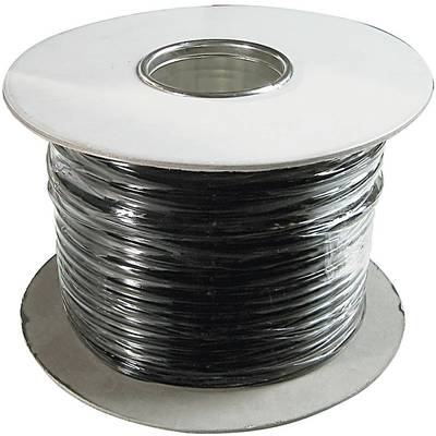 Rotolo di cavo nero con nucleo interno metallico, avvolto su una grande bobina, su uno sfondo bianco.