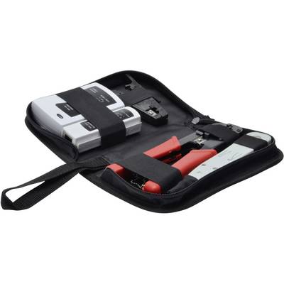 Set di attrezzi con tester di rete e pinza crimpatrice. Include tester per cavi in custodia da trasporto, idoneo per l'installazione di reti.