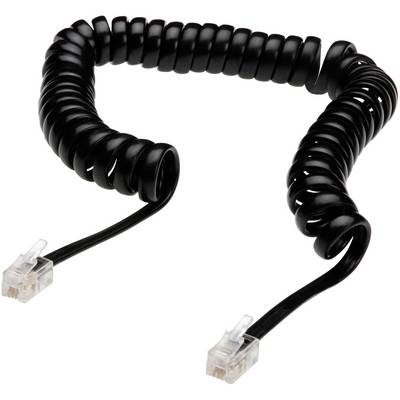 Cavo telefonico nero a spirale con due connettori RJ11 alle estremità, utilizzato per telefoni fissi.