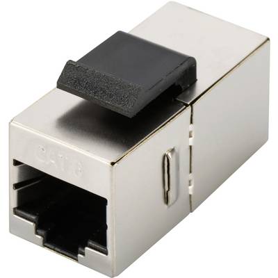Un connettore di rete CAT 6 in metallo con leva di bloccaggio nera. Idoneo per connessioni Ethernet in reti di comunicazione.