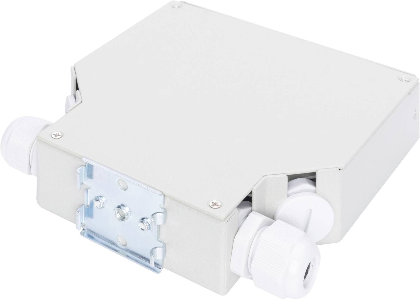 Scatola di connessione metallica con due pressacavi e staffe di fissaggio, per connessioni di cavi in impianti elettrici.