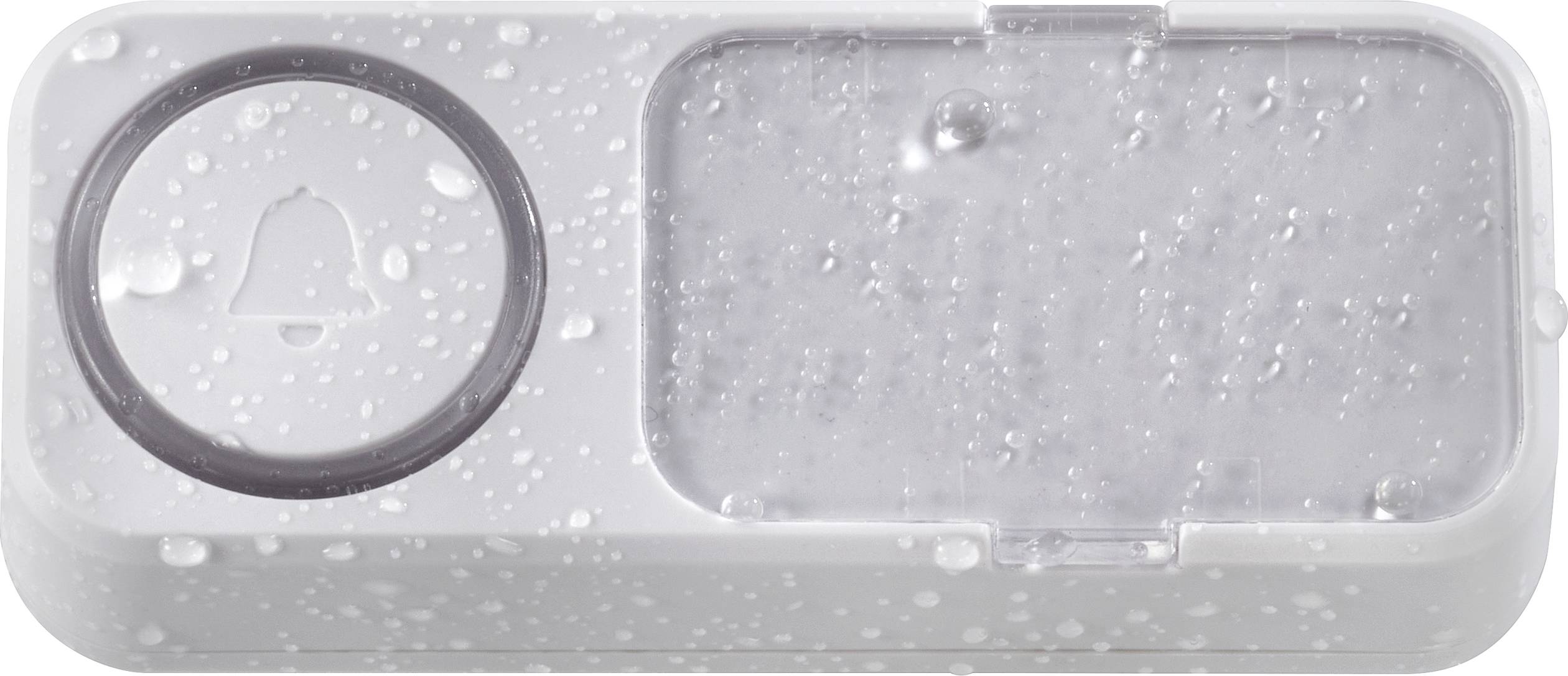 Pulsante suoneria bianco, rettangolare, con goccioline d'acqua, simbolo rotondo della campana a sinistra e copertura trasparente a destra.