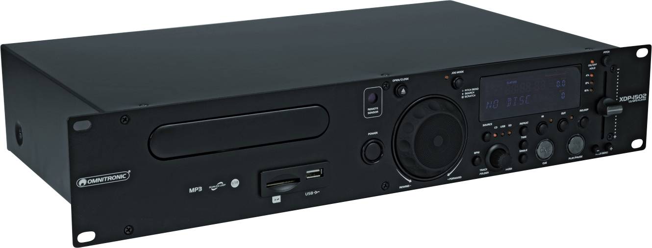 Lettore audio nero con ingresso CD e USB, diversi tasti e un display sul lato destro.