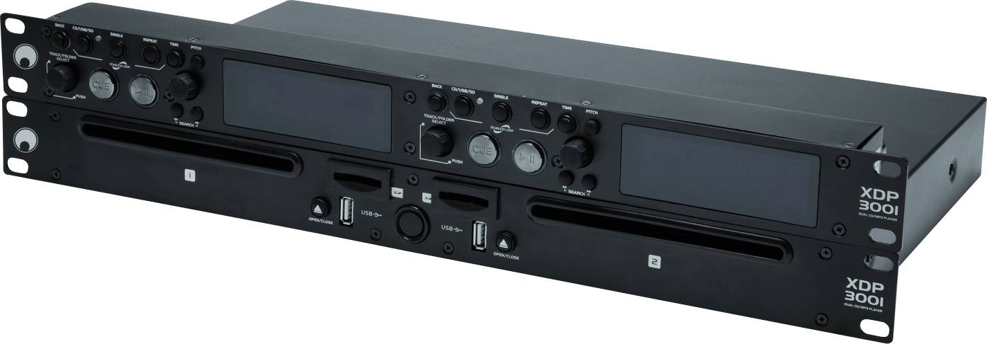 'Dispositivo audio nero con rack, dotato di due grandi schermi, diversi pulsanti e interruttori. Numero modello: XDP-3001.'