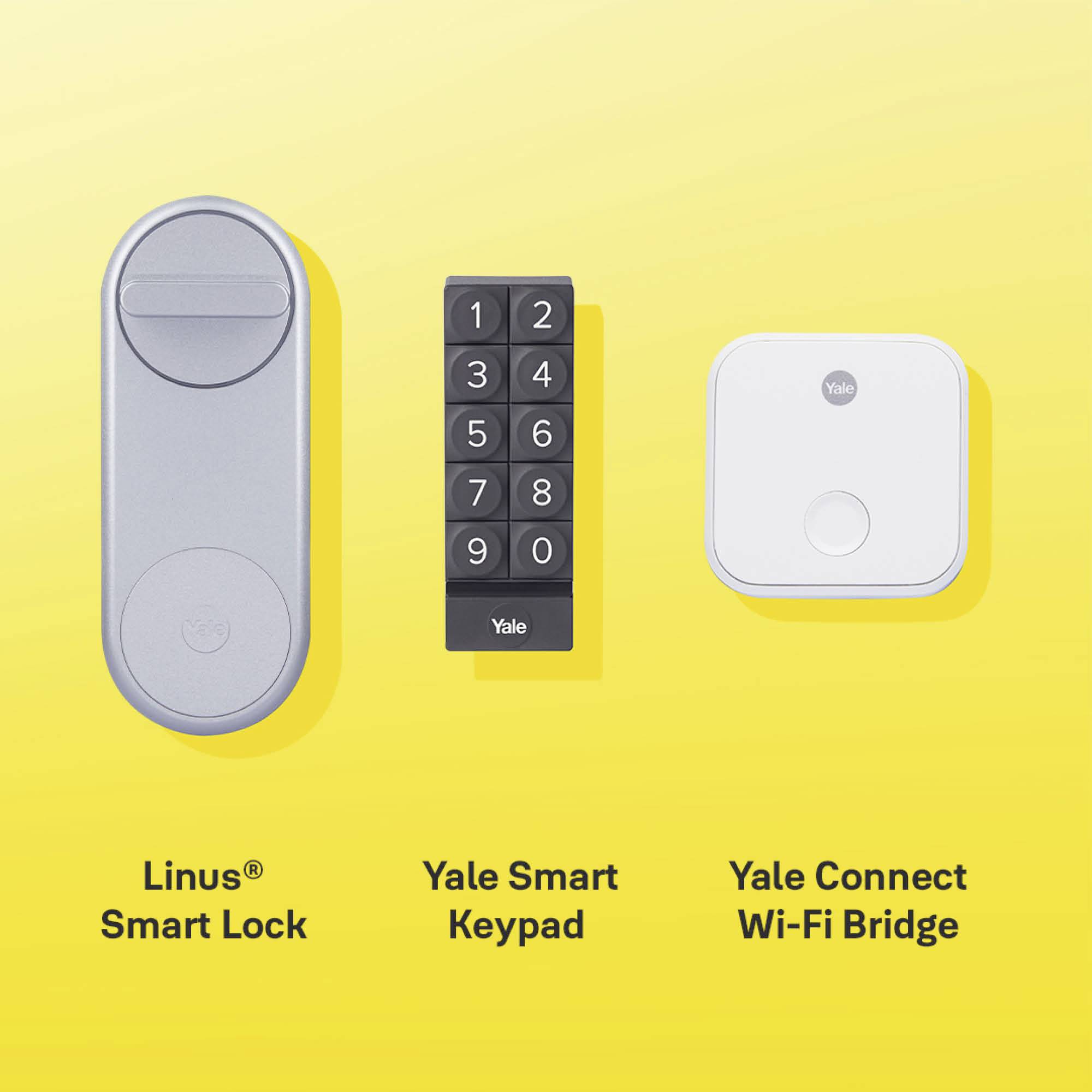 'Tre dispositivi smart home su sfondo giallo: Linus Smart Lock, Yale Smart Keypad e Yale Connect Wi-Fi Bridge.'