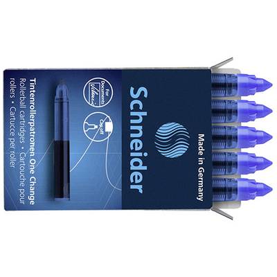 Confezione da cinque ricariche blu per roller della marca Schneider, prodotte in Germania. Confezione con scritta 'Made in Germany'.