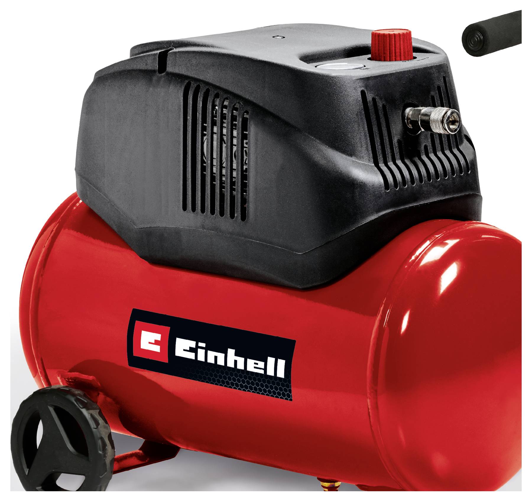 Compressore d'aria portatile Einhell rosso con motore nero, manometro di pressione e ruote su sfondo bianco.