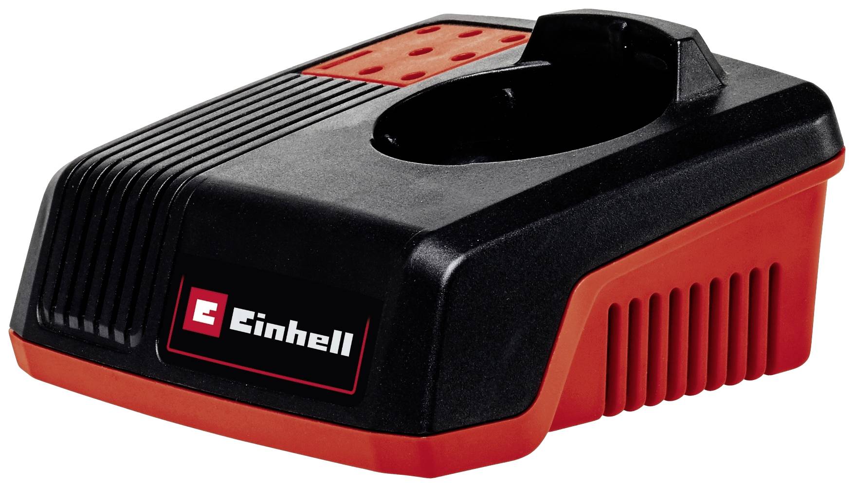 Un caricabatterie nero e rosso del marchio Einhell, adatto per l'utilizzo con batterie compatibili.