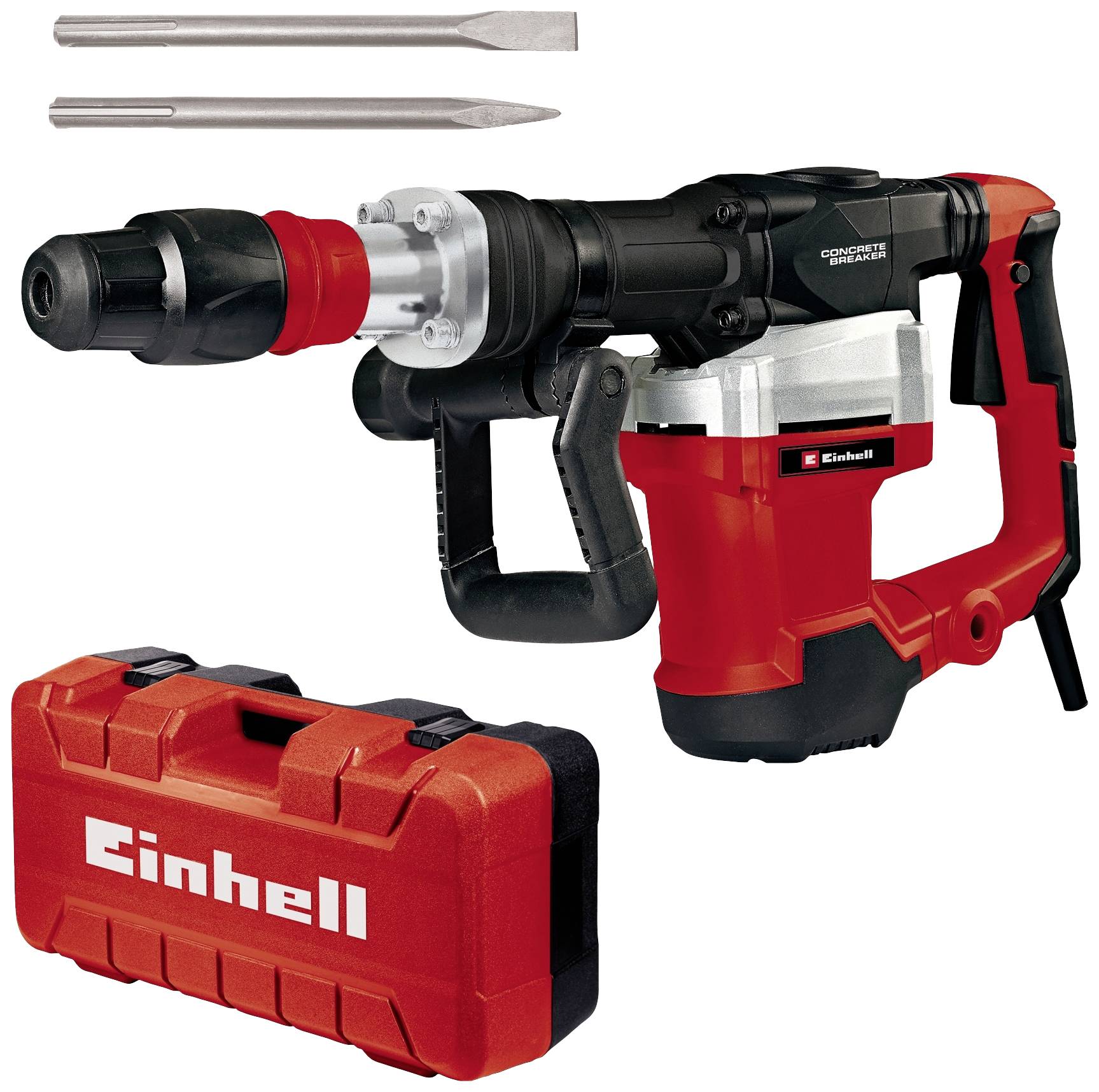 'Einhell martello demolitore con accessori e custodia rossa. Include due attacchi per scalpello e una valigetta per il trasporto.'