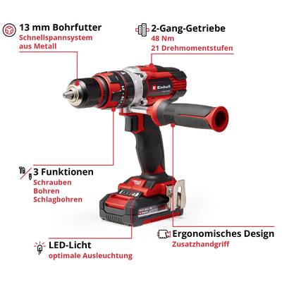 Trapano avvitatore con mandrino da 13 mm, trasmissione a 2 velocità, design ergonomico, luce LED e funzioni: avvitatura, foratura, percussione.