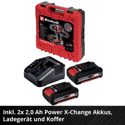 'Einhell' set di utensili composto da due batterie, caricabatterie e custodia rossa. Testo: 'Inclusi 2x batterie Power X-Change da 2,0 Ah, caricabatterie e custodia'.