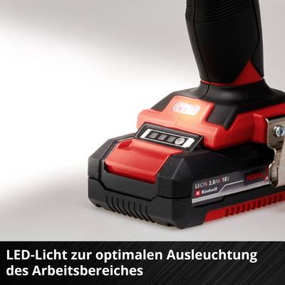 Trapano a batteria con luce LED per un'illuminazione ottimale dell'area di lavoro su sfondo bianco.