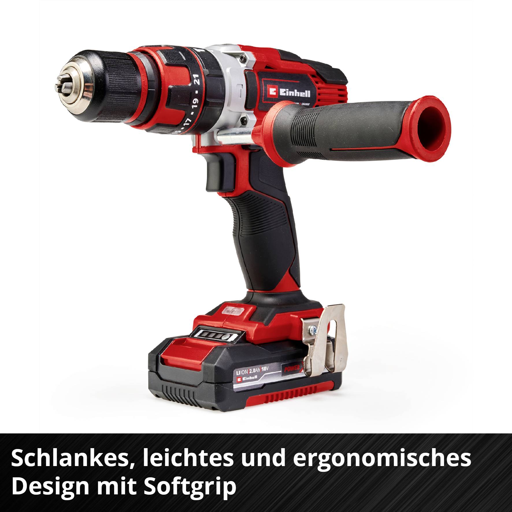 Avvitatore a batteria con involucro rosso e nero. Il testo descrive un design snello, leggero ed ergonomico con impugnatura morbida.