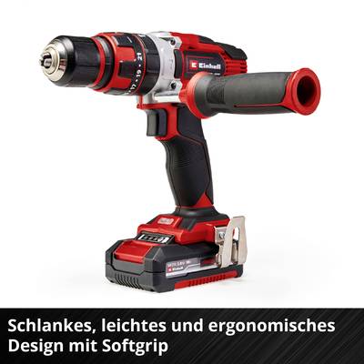 Avvitatore a batteria con involucro rosso e nero. Il testo descrive un design snello, leggero ed ergonomico con impugnatura morbida.