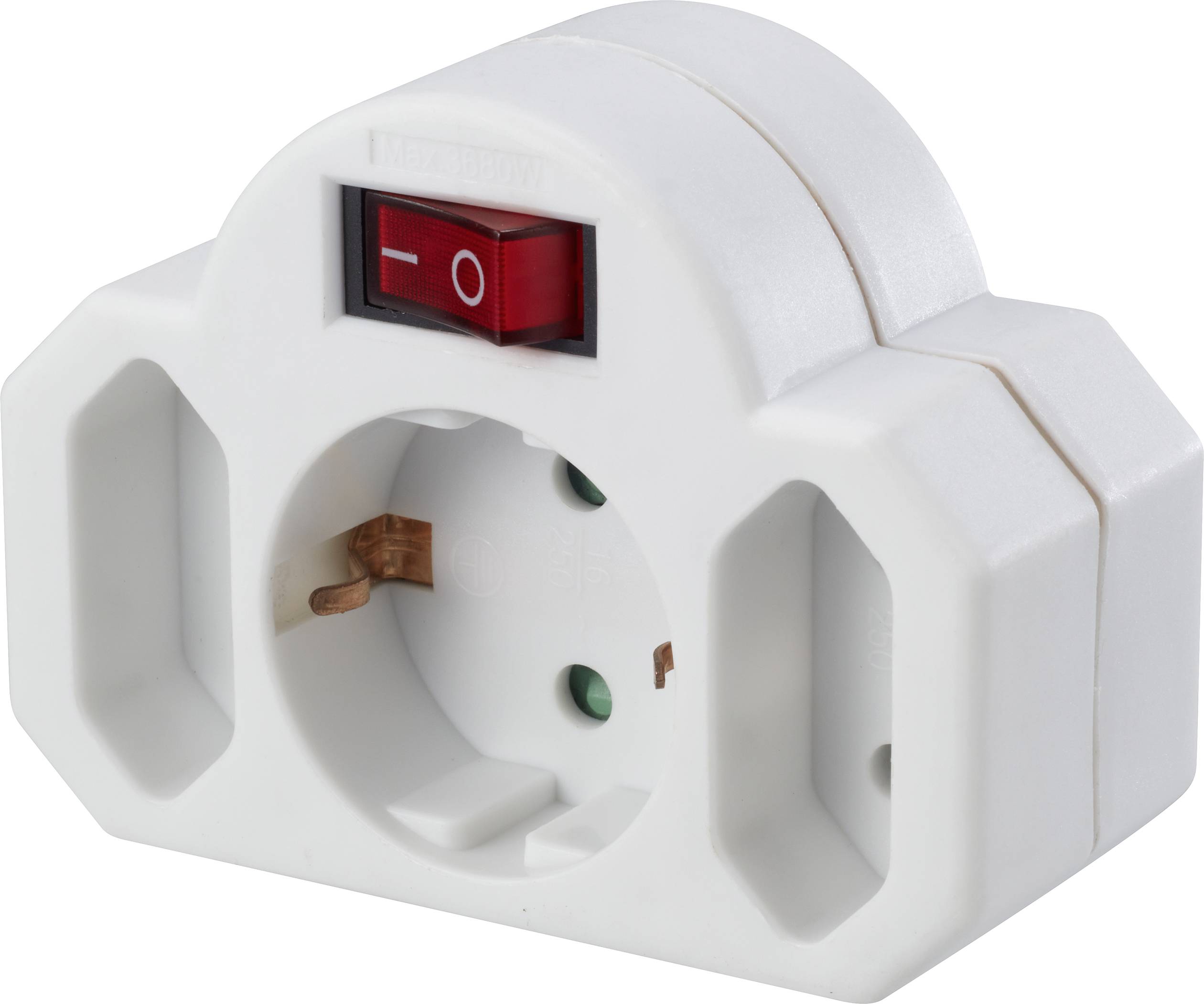 Presa elettrica bianca con interruttore rosso On/Off, adatta a diverse forme di spine. Ideale per uso domestico e misure di risparmio energetico.