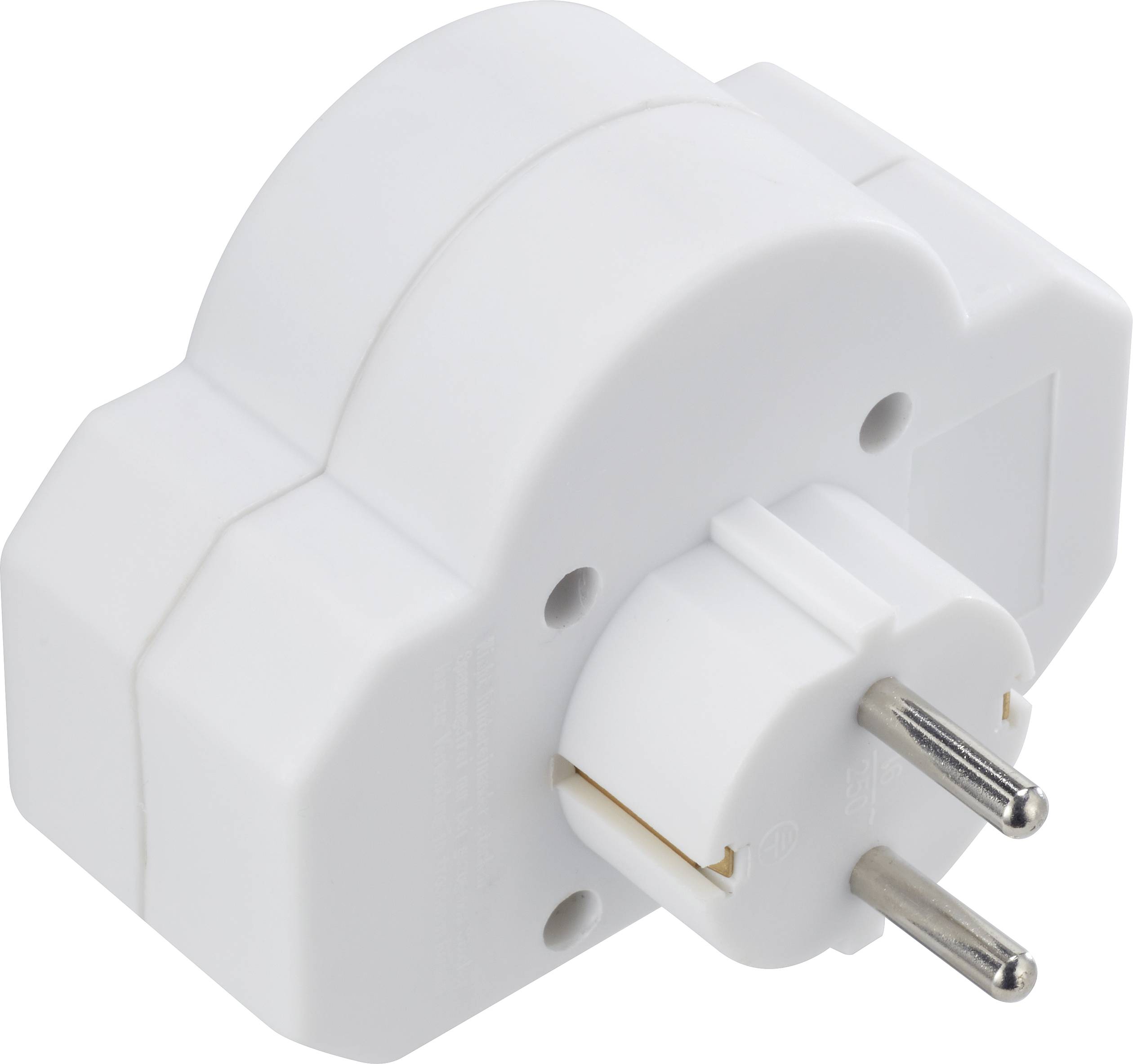 Un adattatore bianco per prese elettriche con due spinotti metallici da inserire in una presa, adatto ad ampliare un collegamento elettrico.