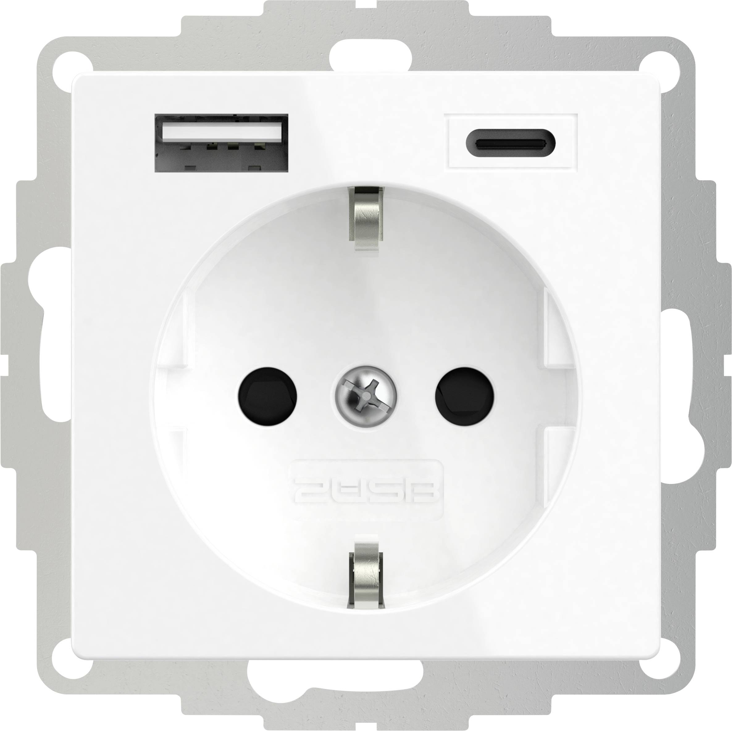 Una presa elettrica bianca con due slot e porte USB montata a parete.