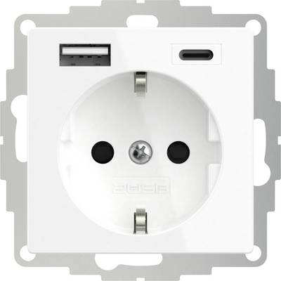 Una presa elettrica bianca con due slot e porte USB montata a parete.