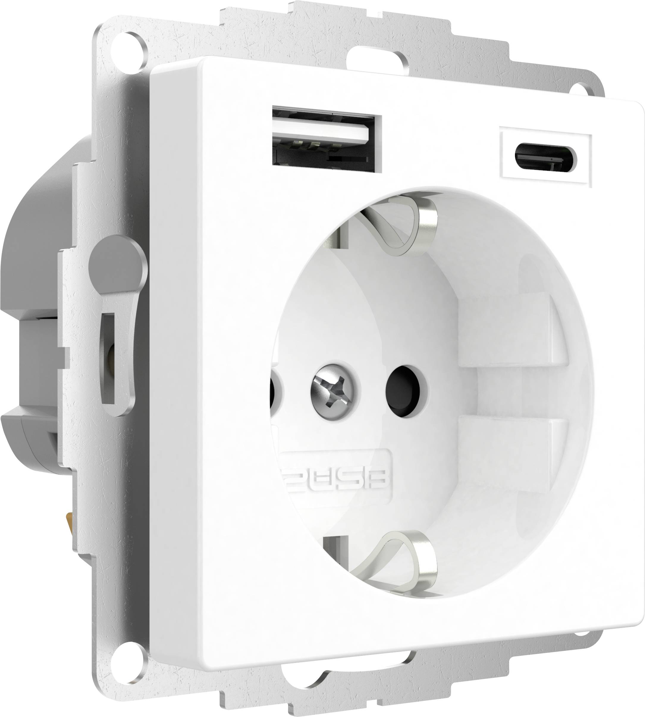 Presa elettrica con porte USB integrate, offre opzioni di ricarica doppie.