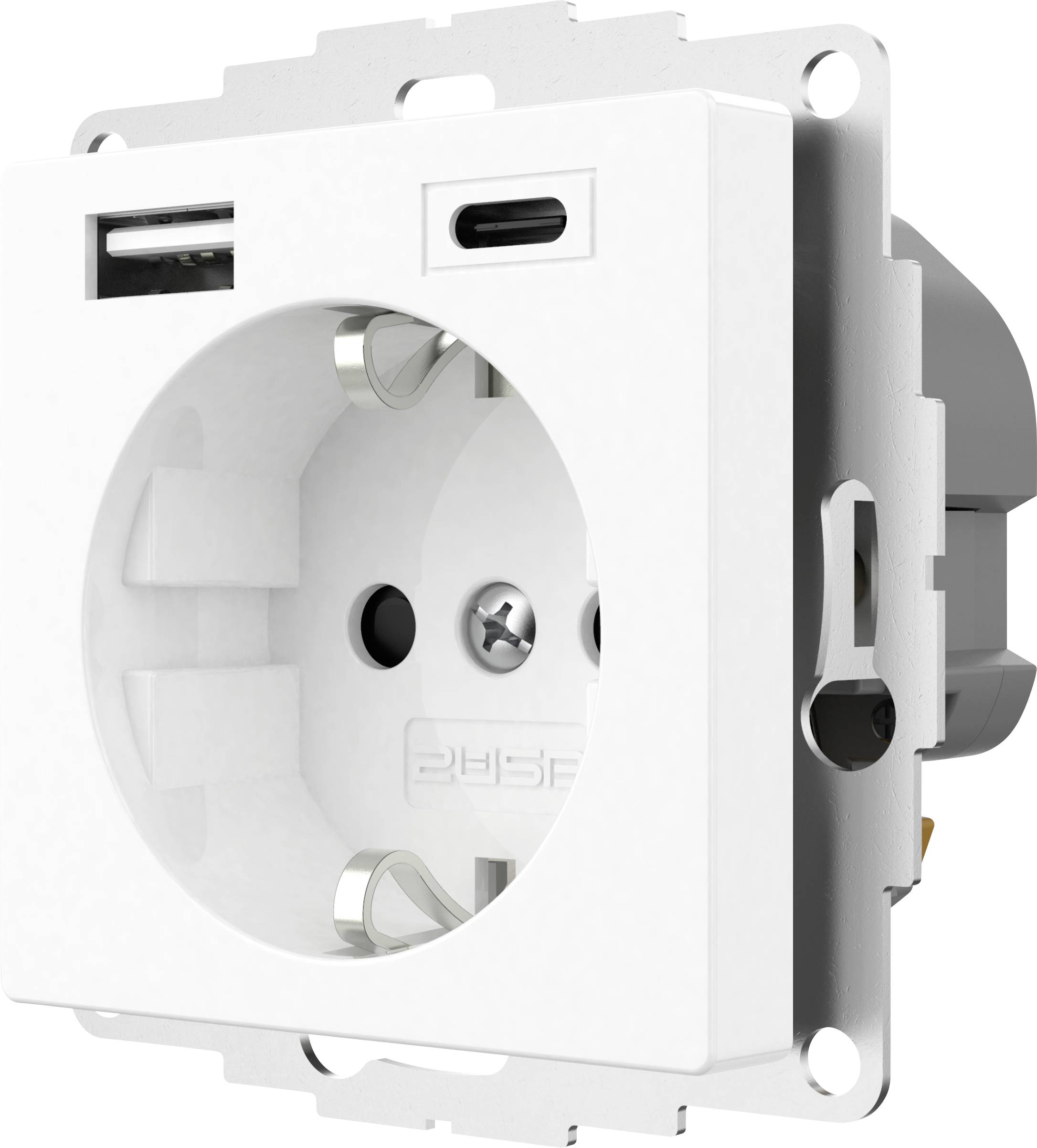 Presa a muro bianca con porte USB-A e USB-C per opzioni di ricarica versatili.