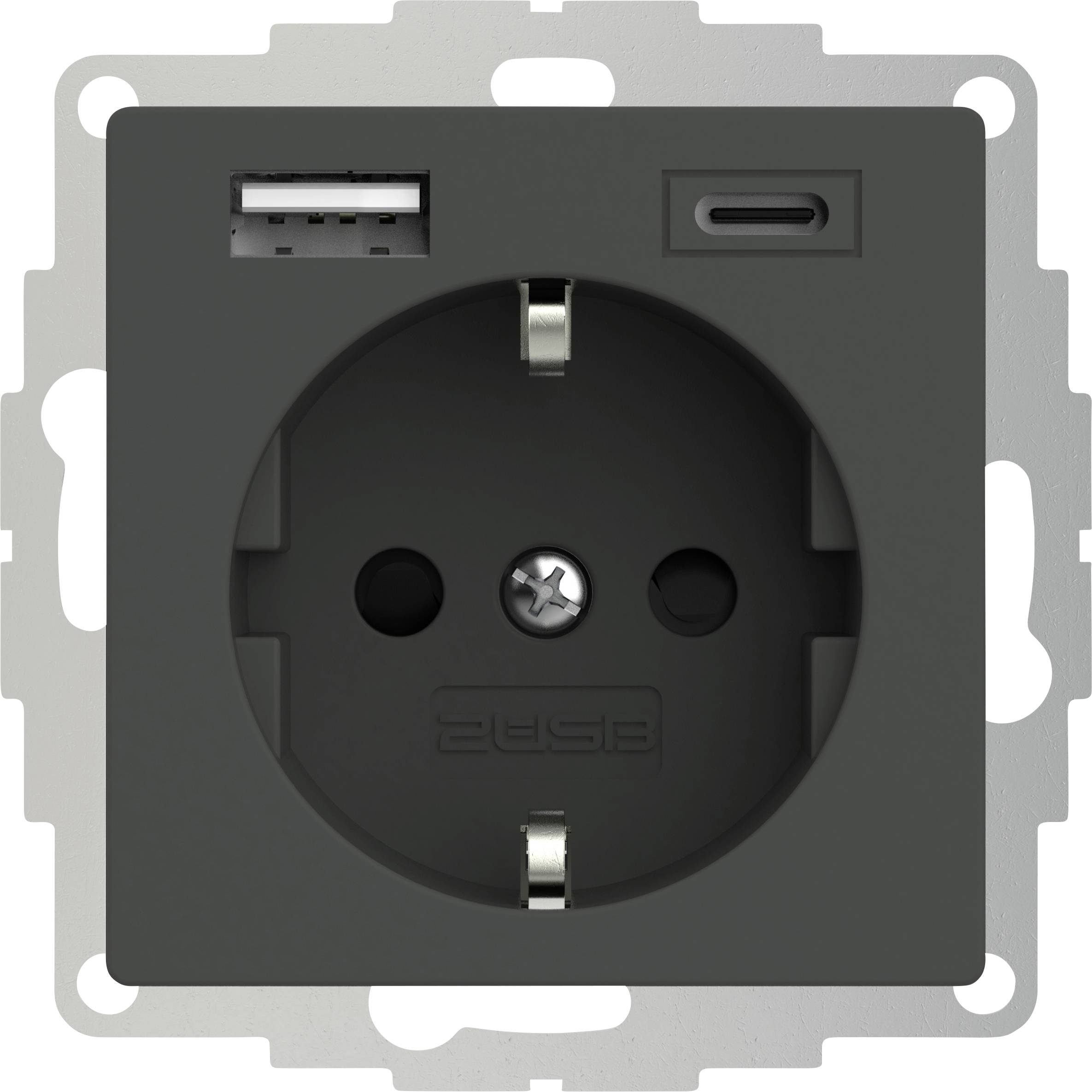 Presa elettrica nera con porte USB e USB-C.
