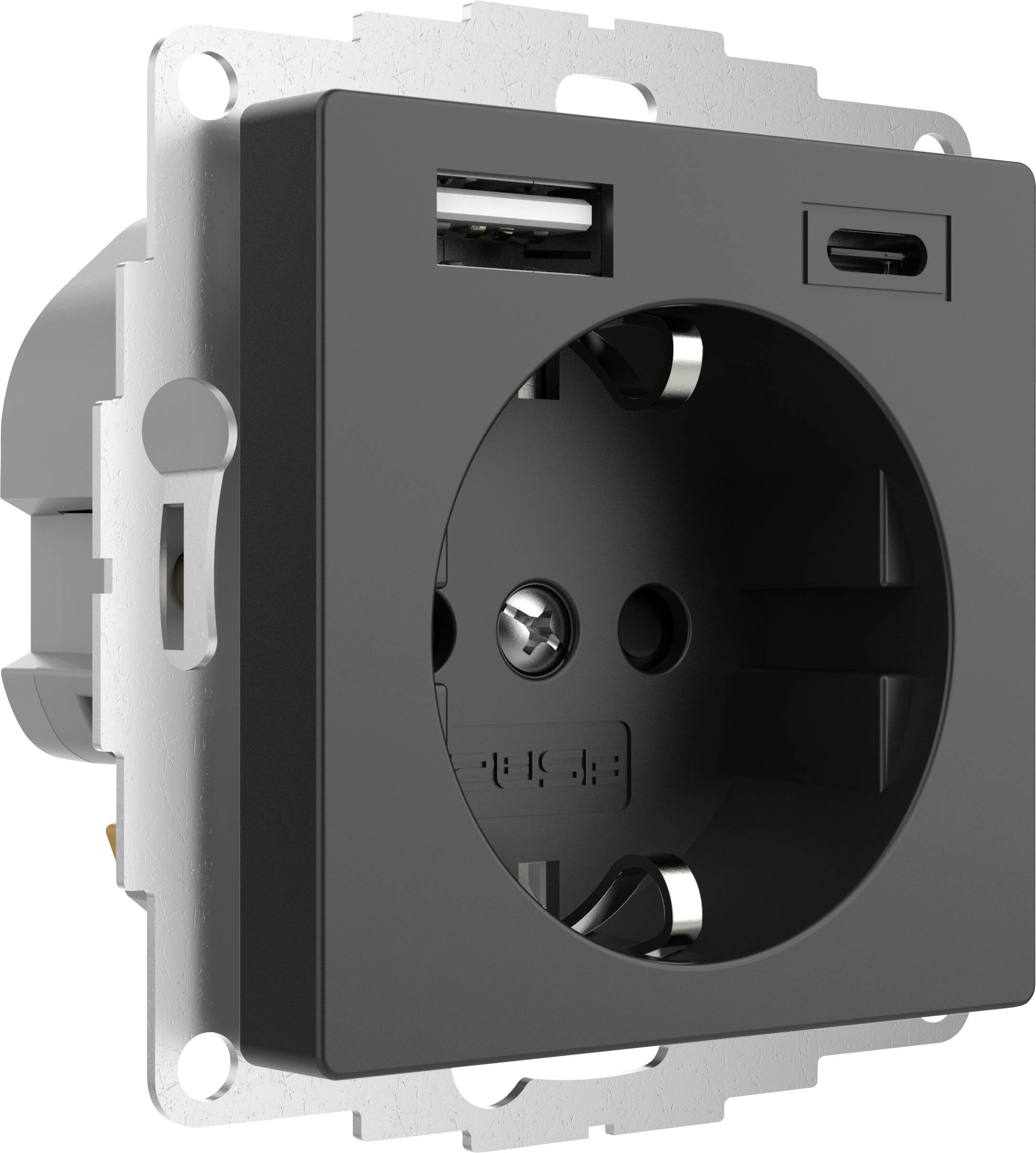 Presa elettrica nero-grigia con attacchi USB-A e USB-C. Idonea per l'alimentazione elettrica simultanea e le connessioni USB.