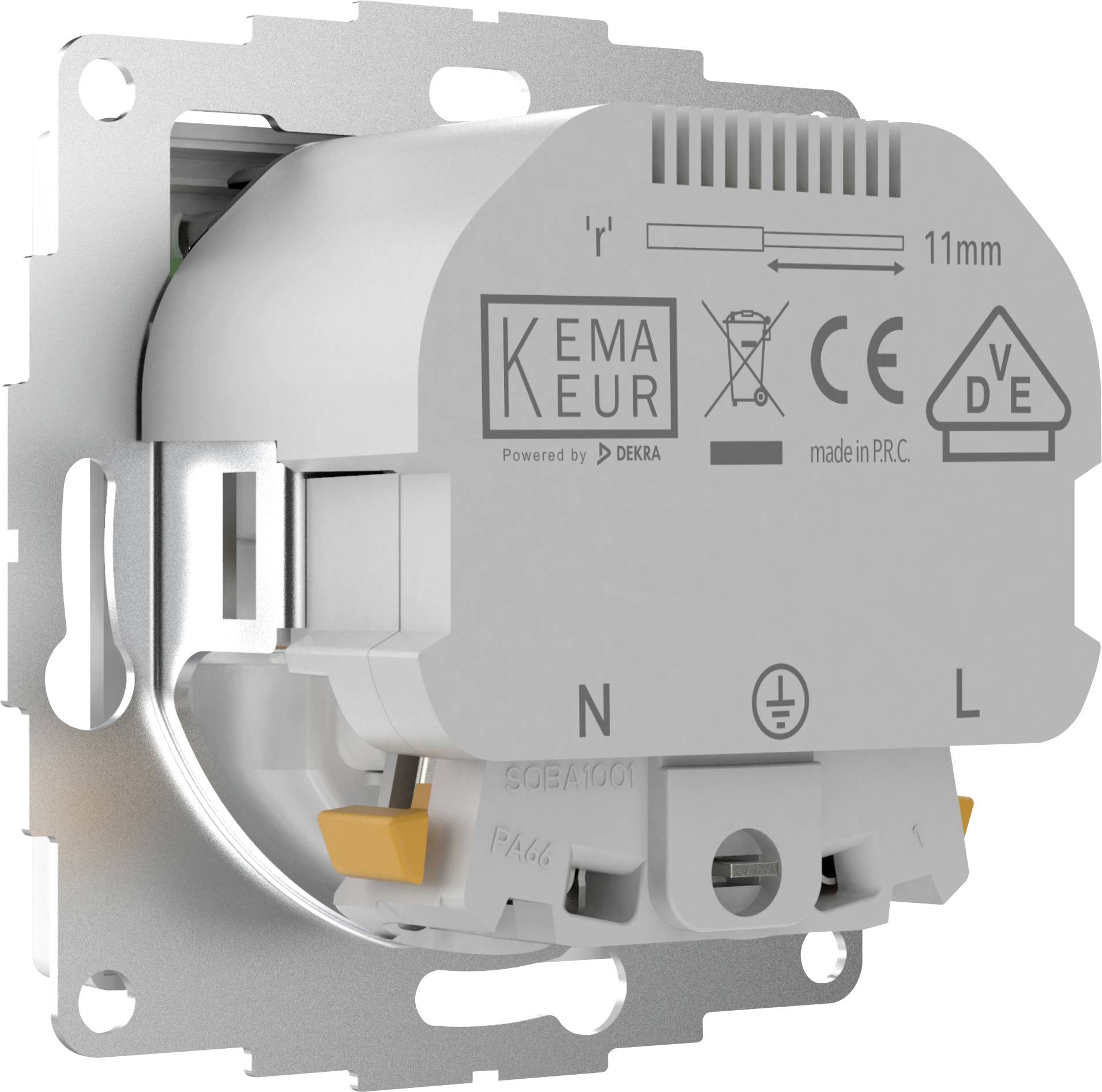 Un modulo da incasso con certificazione KEMA KEUR, adatto per installazioni da 11 mm con marcature per conduttori Neutro (N) e Fase (L).