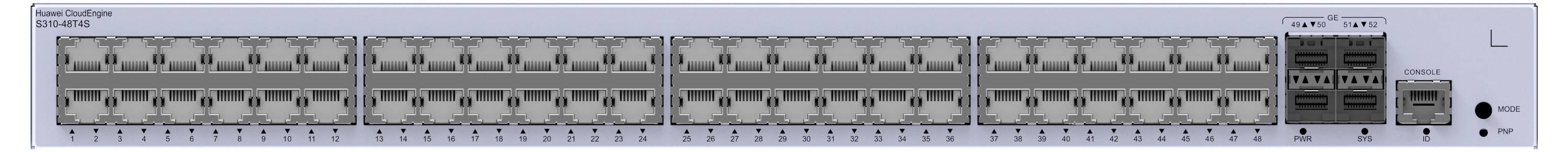 Un rack con 48 porte Ethernet, LED che indicano lo stato della rete, marchio in alto a sinistra, modello in alto a destra sul telaio.