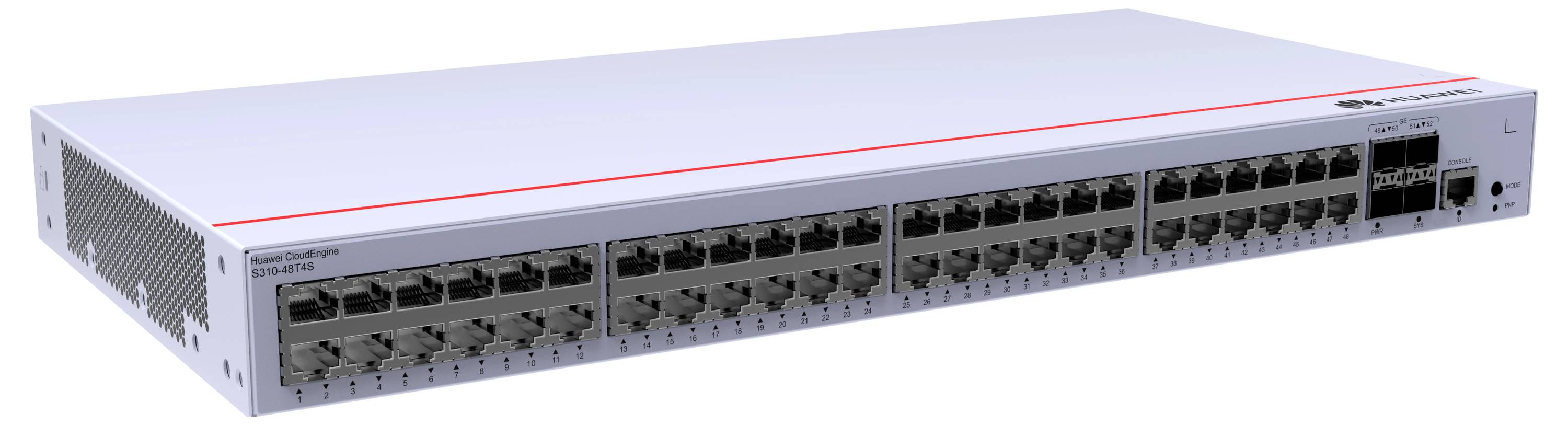 Switch di rete con 48 porte, involucro argentato, mostra il lato anteriore e posteriore con ventilazione e interfacce per connessioni via cavo.