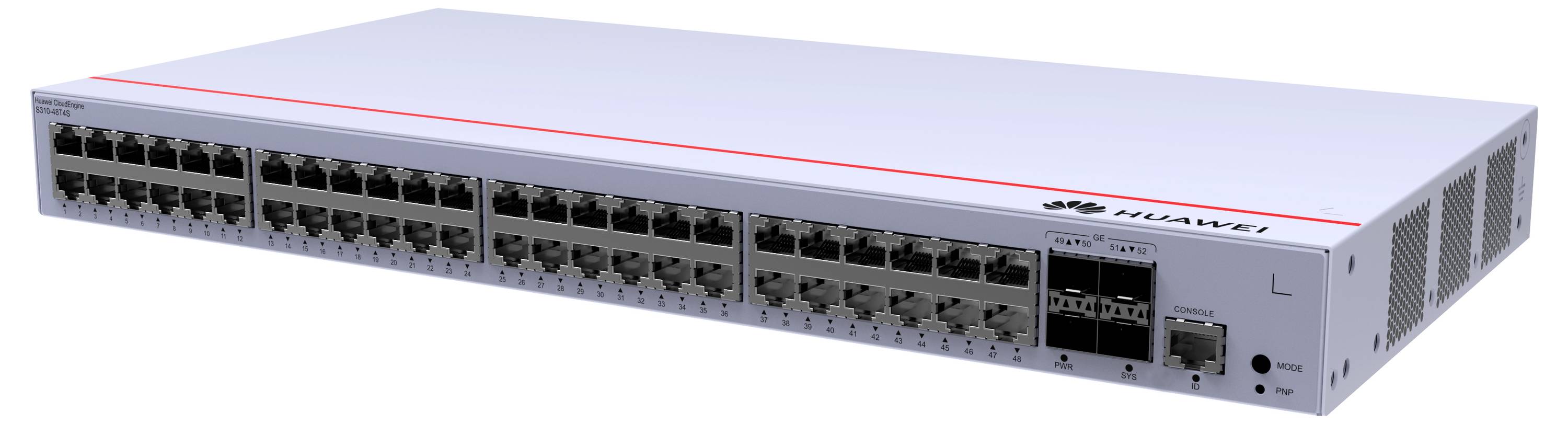 Un switch di rete grigio con numerose porte Ethernet. Il logo Huawei è visibile sulla superficie.