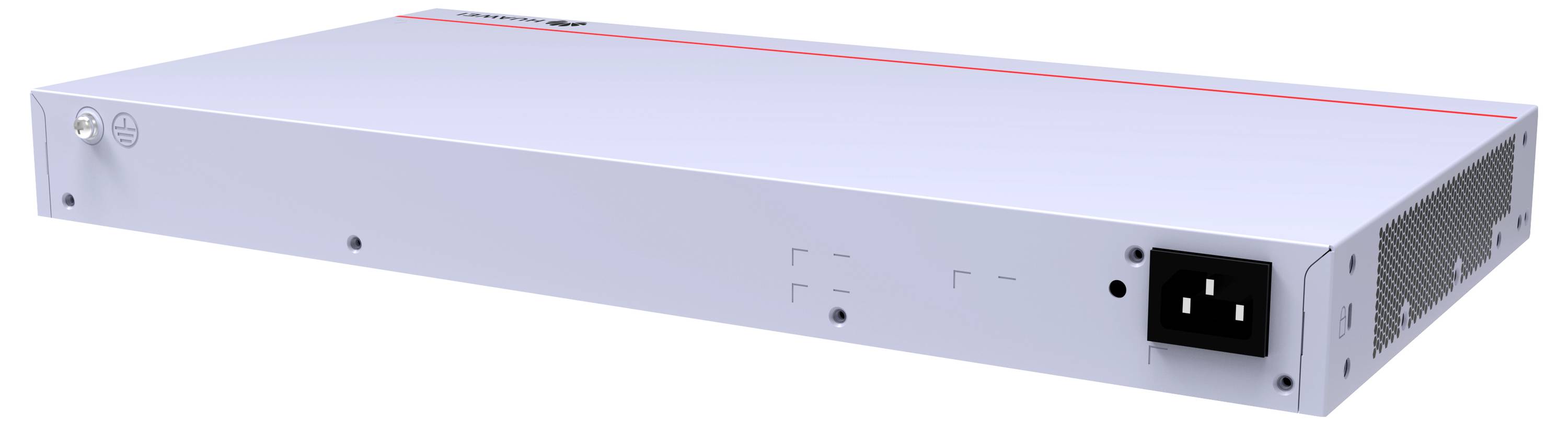 Un switch di rete piatto, rettangolare, con involucro in metallo e diversi porte sul retro.