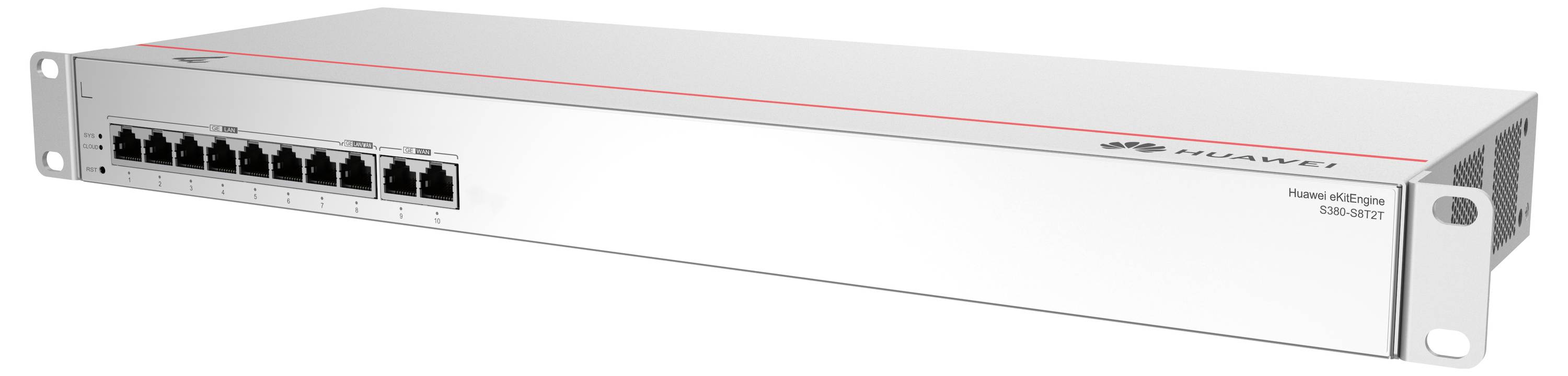Switch di rete con otto porte Ethernet e il logo di un'azienda tecnologica sulla parte anteriore.