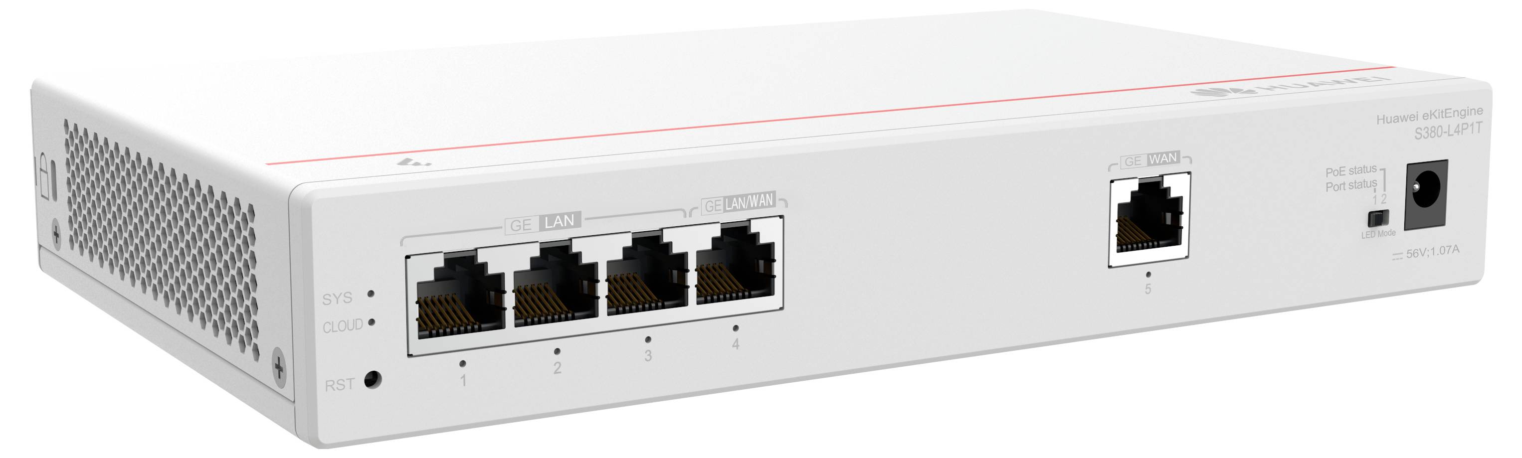 Switch di rete bianco con cinque porte Ethernet, una porta SFP e connessione di alimentazione.