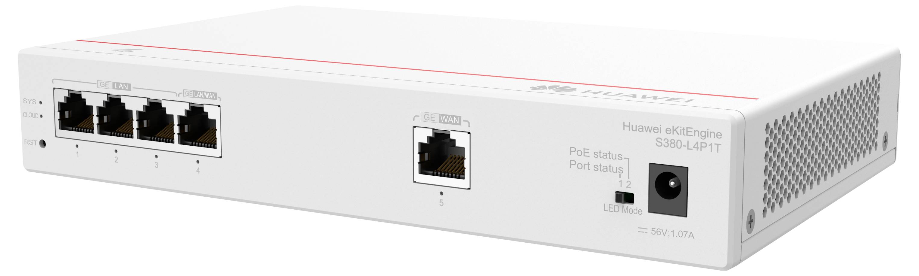 Un switch di rete bianco con quattro porte Ethernet e un ingresso di alimentazione. Adatto per reti piccole o reti di uffici.