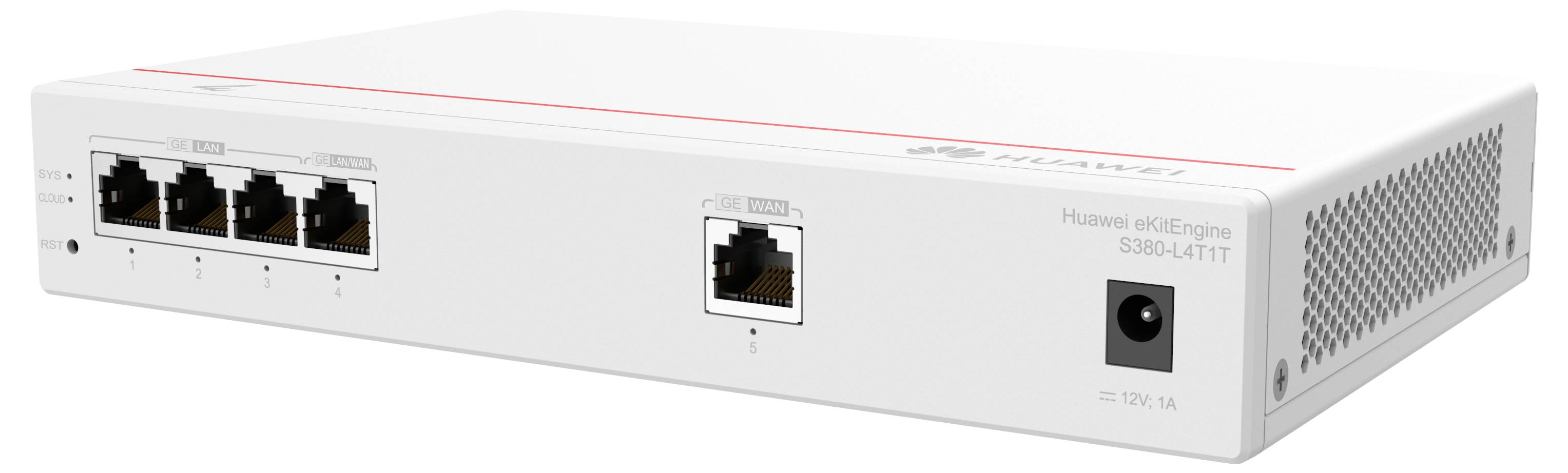 Un switch di rete bianco con più porte Ethernet e un ingresso di alimentazione sul lato destro. Modello 'Huawei eNSP Engine S3900-AT1F'.