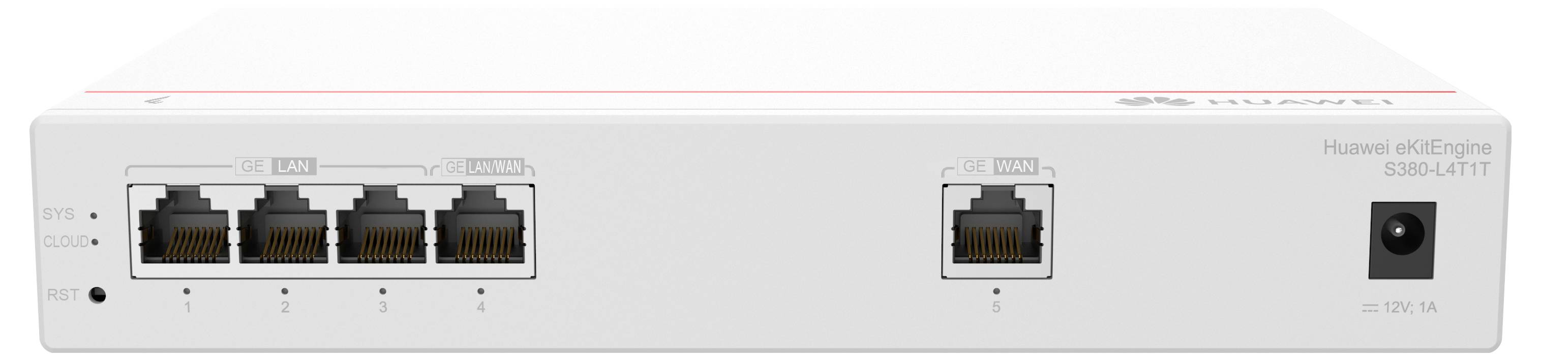 Un router bianco con cinque porte Ethernet a sinistra e una porta WAN a destra. Nome del marchio e modello 'Huawei AR600'.