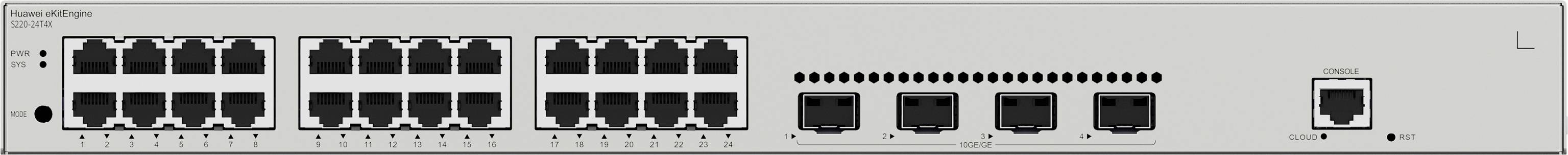 Un switch di rete con 24 porte Ethernet e 4 porte SFP, idoneo per l'utilizzo in data center o in grandi installazioni di rete.