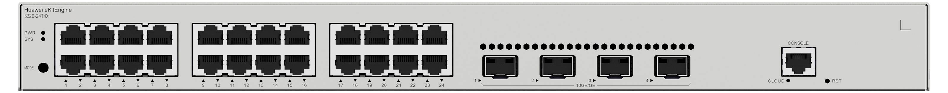 Switch di rete con 24 porte, 16 a sinistra e 8 a destra. Connessioni Ethernet visibili, etichettatura bianca in alto.