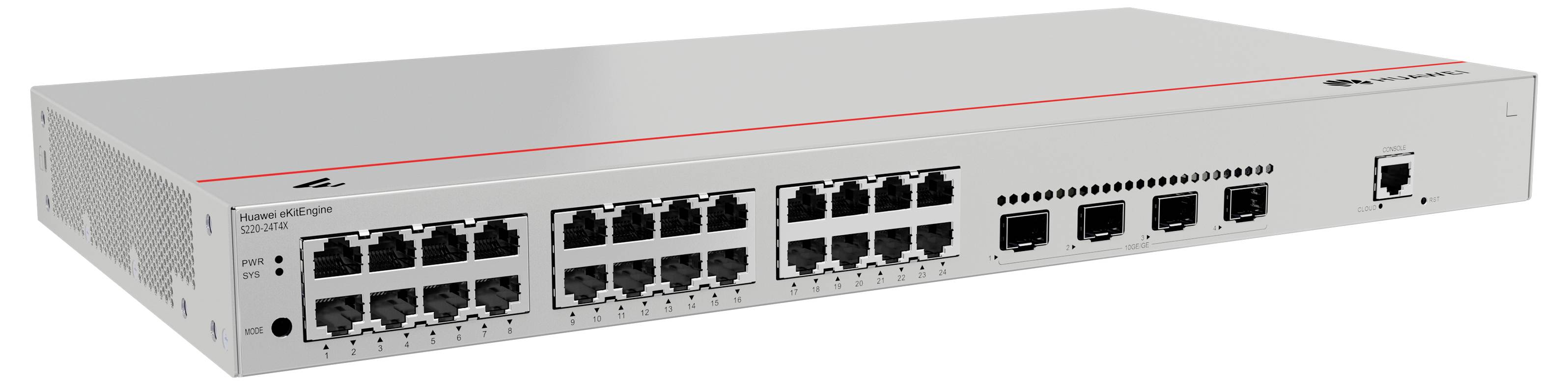 Uno switch di rete con 24 porte Ethernet e diversi slot SFP, adatto per connessioni di rete in un data center o in un ufficio.