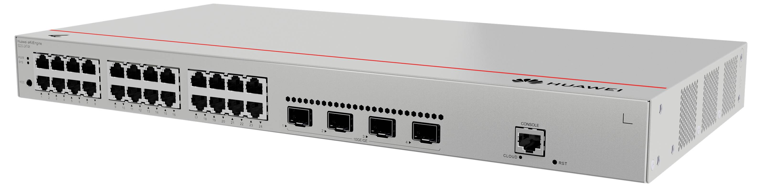 Un interruttore di rete con più porte Ethernet e un singolo collegamento sul lato destro, racchiuso in un involucro metallico.