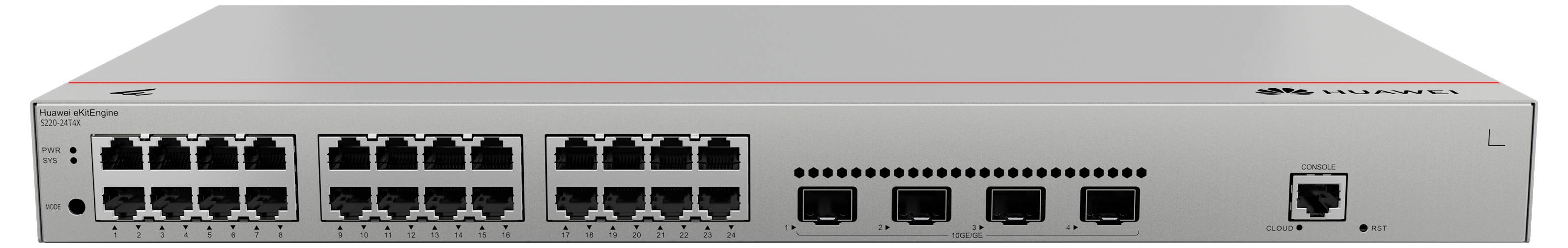 Un switch di rete con più porte Ethernet e connessioni in fibra ottica, adatto per connessioni di rete aziendali.