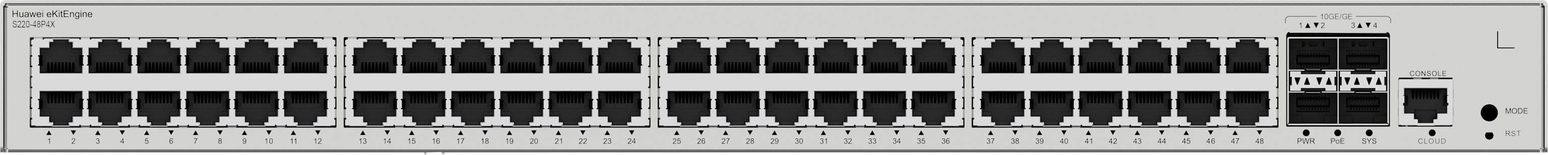Un switch di rete con 48 porte Ethernet e due grandi porte sulla destra per una connettività avanzata, ideale per applicazioni di rete ad alte prestazioni.