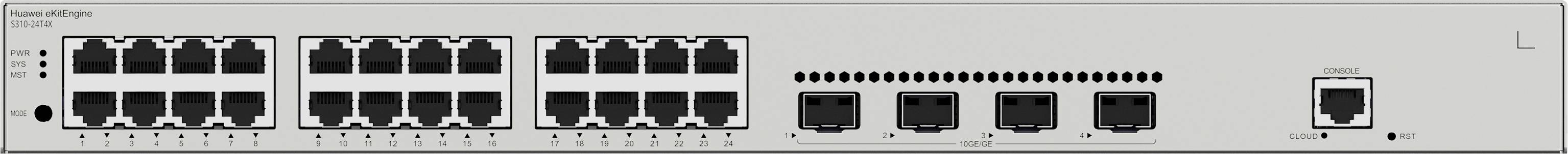 Un switch di rete con più porte Ethernet e una porta SFP, idoneo per collegare computer e cavi di rete in un ufficio.