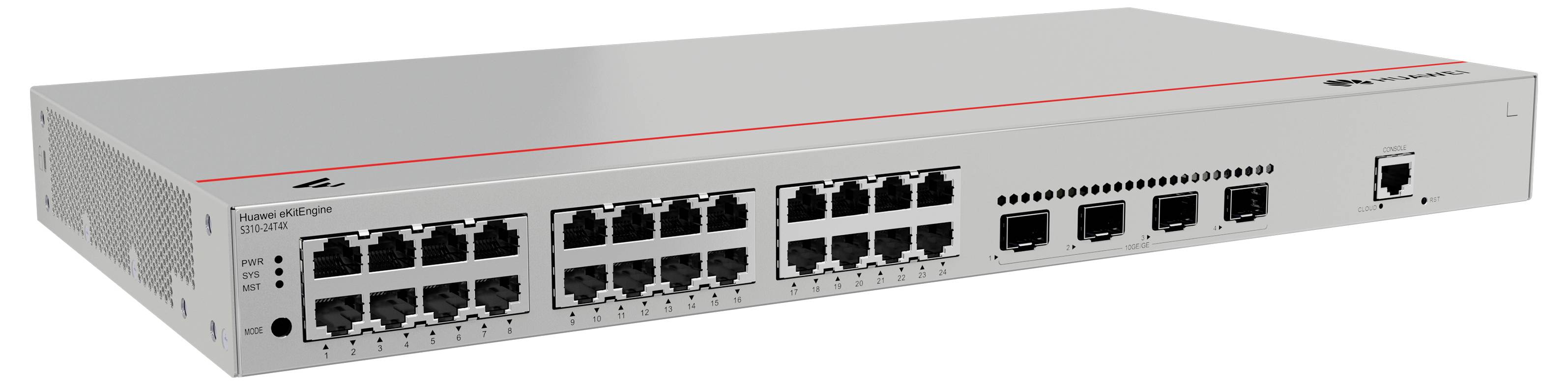 Un switch di rete grigio con più porte Ethernet sul davanti. Ha fessure di ventilazione sul lato per il raffreddamento.