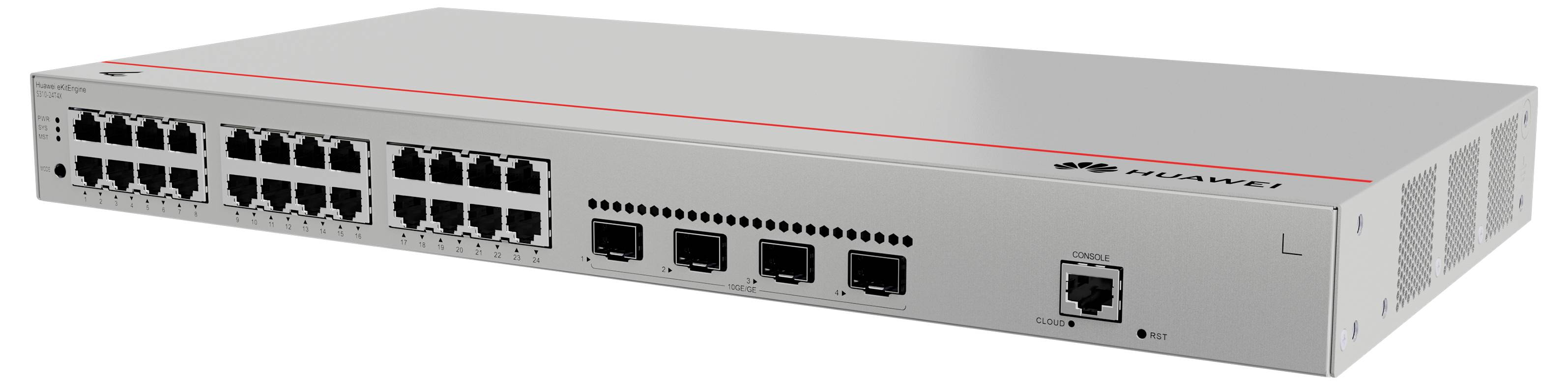 Un switch di rete con 24 porte Ethernet e 4 porte SFP, con involucro metallico sottile, adatto per reti professionali.